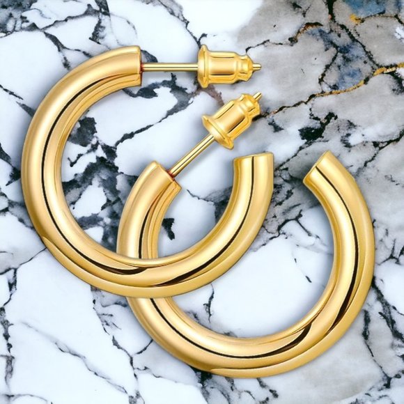 Chunky Gold Hoop Earrings 14K Real Gold Plated Hypoallergenic Posts Lightweight - Picture 6 of 6